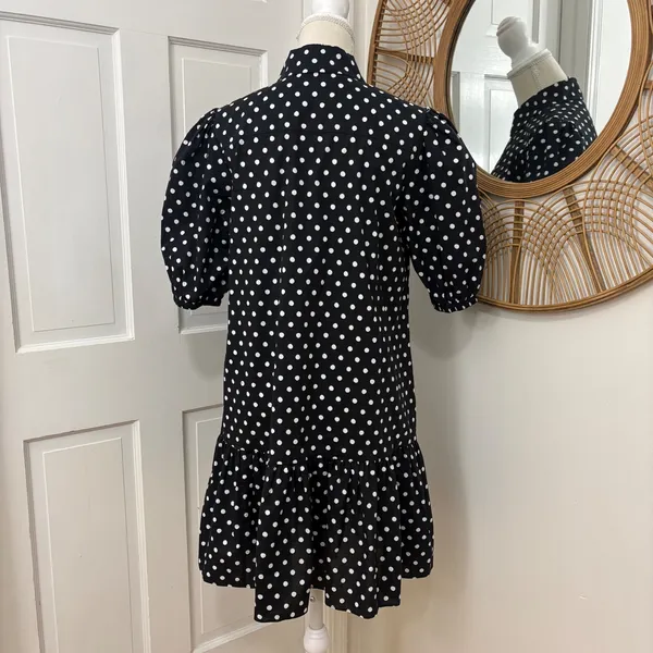 Kate Spade Harmony Dot Lake Dress M Black‎ Cotton Puff Sleeve Mini Retro Chic - Image 6