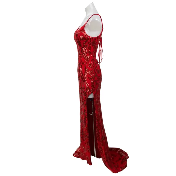 HY Red Sequin Sparkly Sleeveless Plunge V Neck Slit Cami A Line Maxi Dress M - Image 2