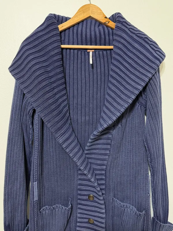 Free People Ryanne Long Haul Cardigan Size Large Chunky Knit Sweater Blue NWOT - Image 4