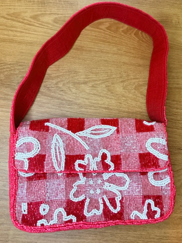On 34th Viral Beaded Floral Handbag Made In India Red And White Design - Image 2