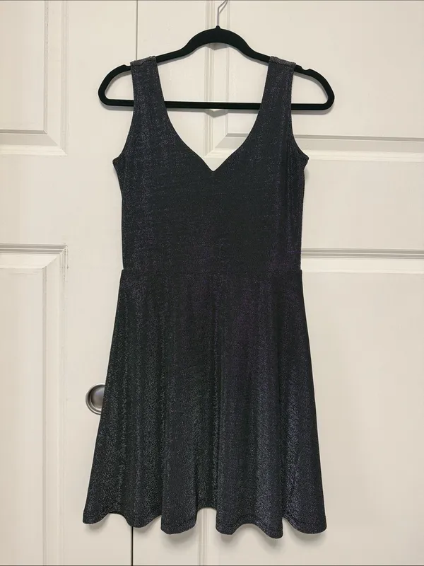 Sleeveless Shimmer V-Neck Mini Dress in Black - Image 2