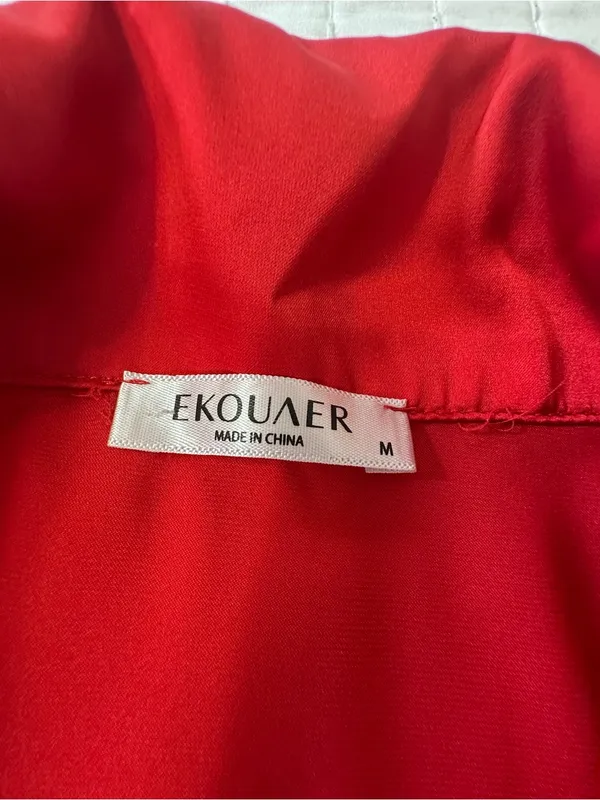 Ekouaer Bedtime Stories Red Satin Short-Sleeve Pajama Set with White Piping in Size M - Image 6