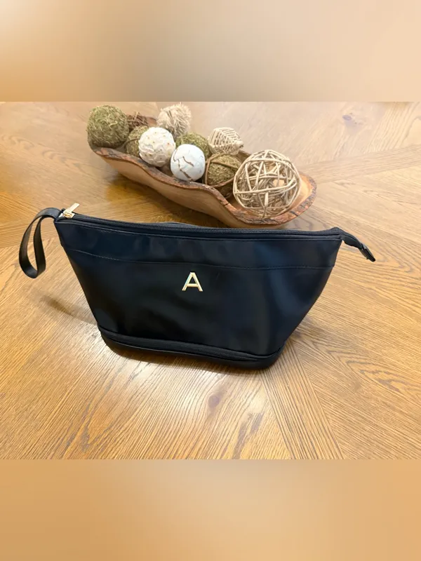 Black Nylon Travel Makeup Cosmetic Toiletry Bag Gold Initial A Wristlet 12.5” - Image 4