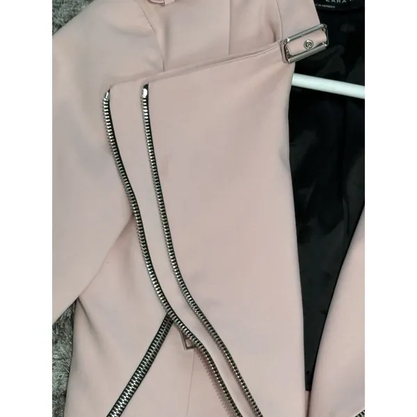 Zara Women’s Pink Cropped Moto Jacket Asymmetric Zip Biker Jacket Size XS - Image 6