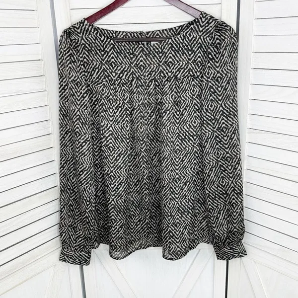 Ann‎ Taylor Loft Printed Pullover Blouse Cream Black Medium Long Sleeve - Image 7