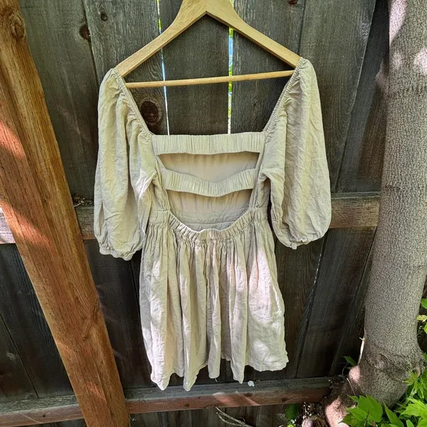 Mable Linen Blend Beige Londyn 3/4 Puff Sleeve Open Back Mini Dress Small - Image 7