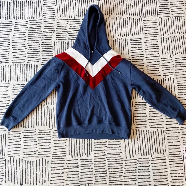Sandro Paris Navy Velvet Chevron Hooded Sweatshirt Hoodie Small - Image 2