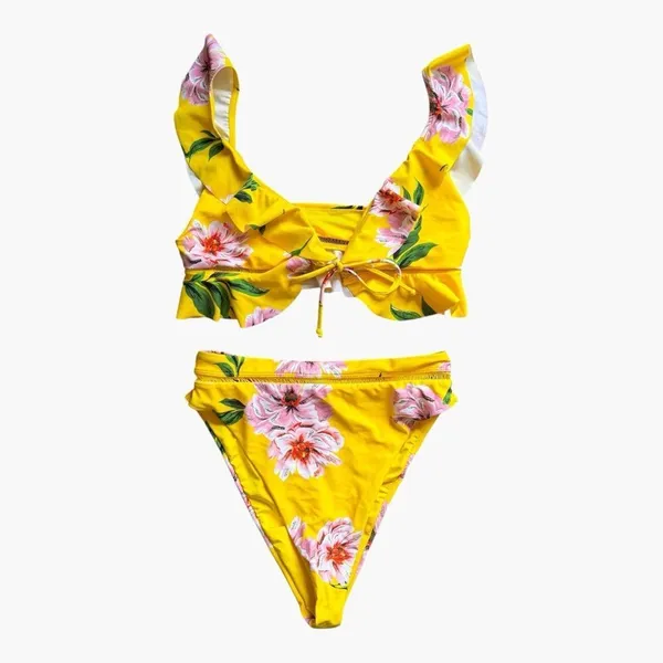 Tobi Yellow Floral Ruffle Bikini Set Women’s Small Tie Front High Cut Boho Pool - Image 3