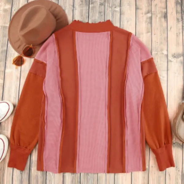 NEW Red and Pink Waffle Knit Exposed Seam Patchwork Top Size M - Image 8