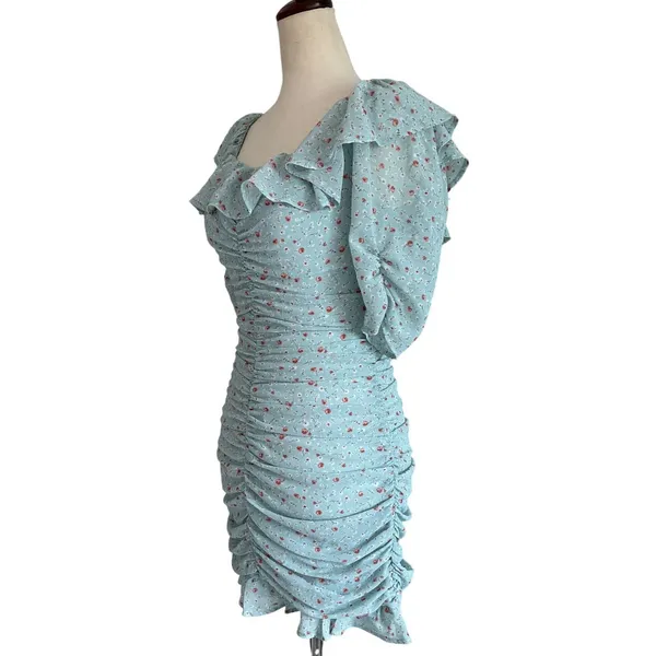 ASTR The Label Teal Multi Ditsy Floral Ruched Mini Dress‎ ADR100891 XS - Image 4