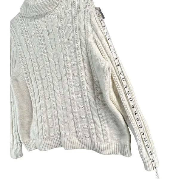 Lands End Sweater‎ Womens L Petite Cream Cable Knit Fisherman Turtleneck Cozy - Image 9