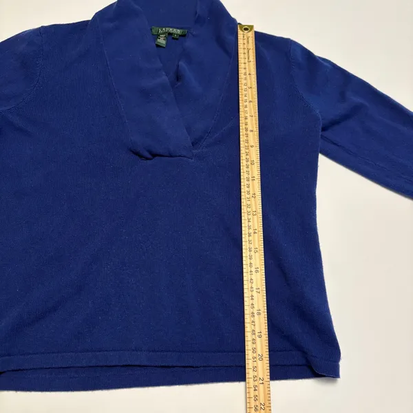 Lauren Ralph Lauren Sweater Women Large Blue Silk Cashmere Shawl Neck V-Neck - Image 5