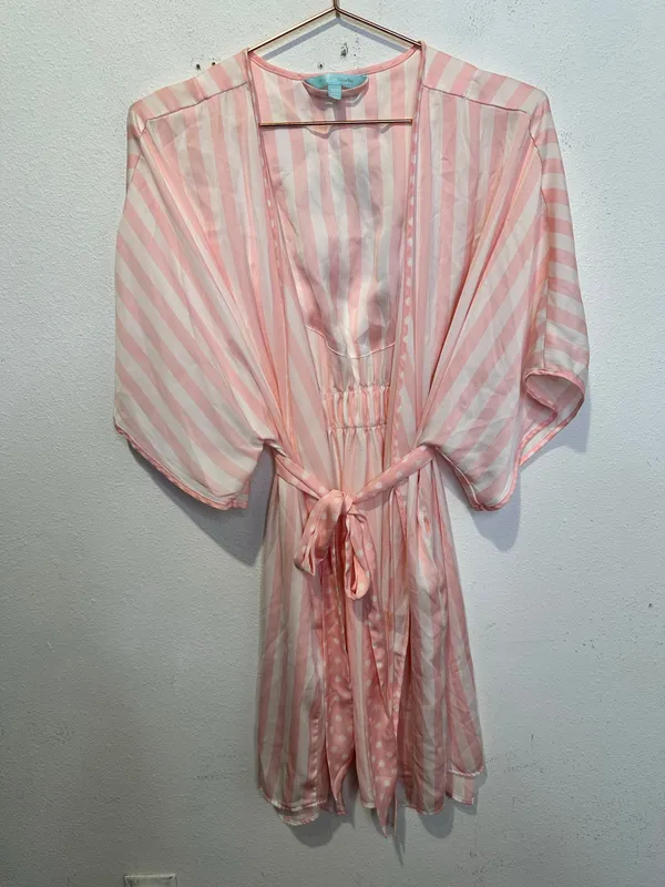 Betsey Johnson Pink White MRS Bridal Striped Kimono Robe Embroidered sz Medium - Image 2