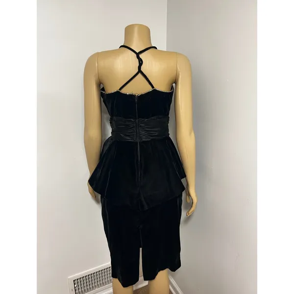 Vintage Night Way Black Velvet Peplum Dress Rhinestone Bow Halter 80s Glam 12 - Image 15