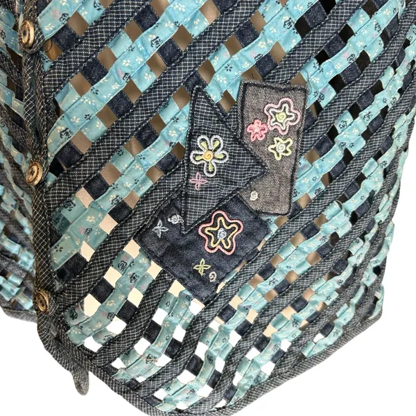 NAPA VALLEY Denim Vest SZ 1X Mixed Media Patches Open Weave Embroidery Western - Image 7