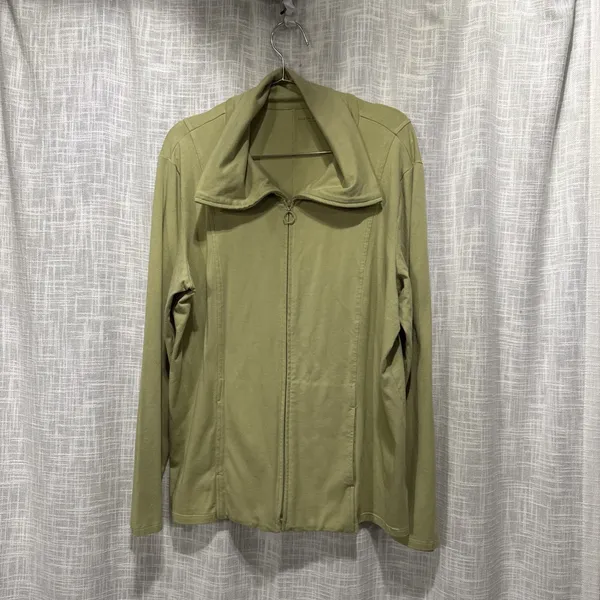 EILEEN FISHER Jacket XL Organic Cotton Blend Jersey Track Zip Green minimalist - Image 2