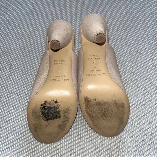 Kate Spade Pink Nude Pebble Leather Peep Toe Cone Heel Mules Classic Sz 8 - Image 5
