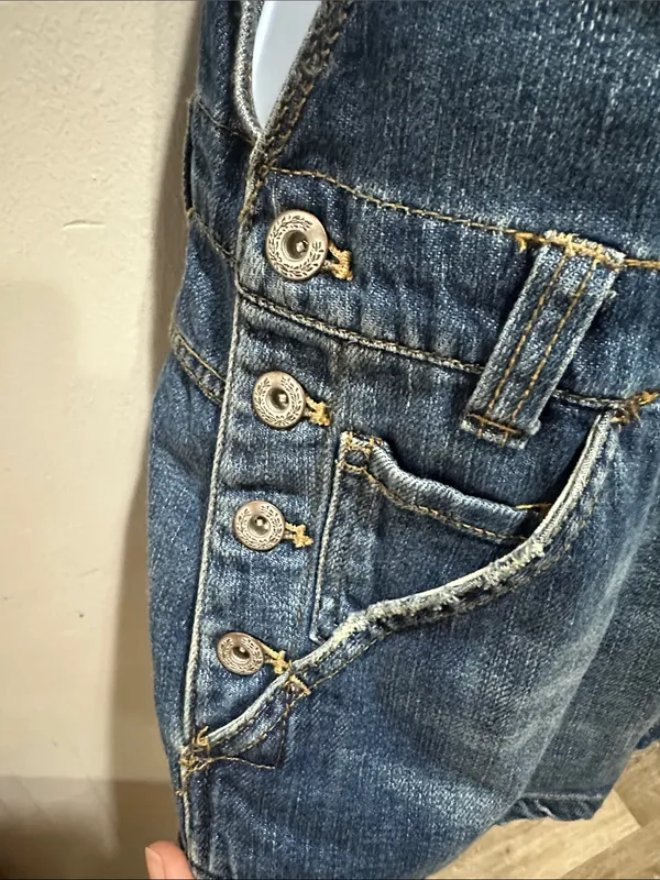 Free People Blue Denim Short Overalls with White Straps - Image 4