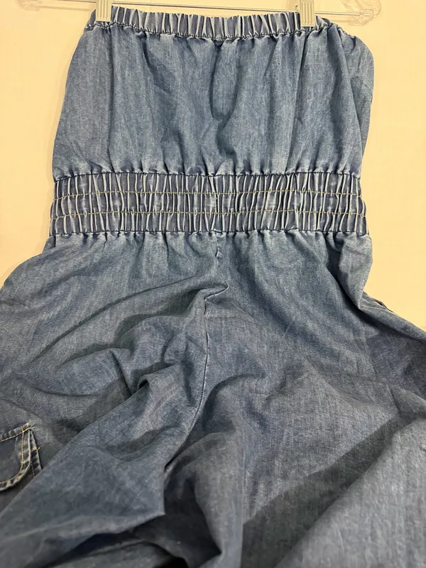 indulge Blue Denim Strapless Jumpsuit with Smocked Waist - Image 5