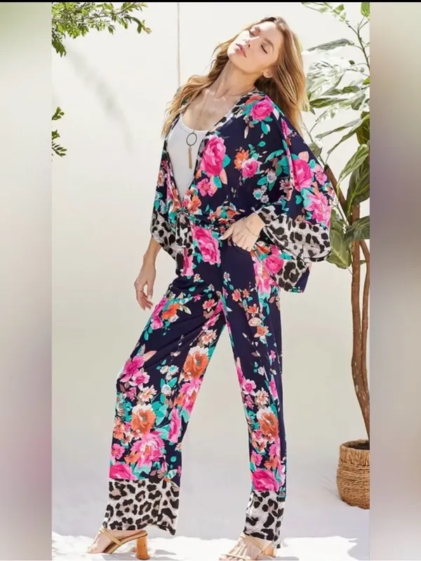Bohemian Style Floral Wide-Leg & Kimono Top - Image 2