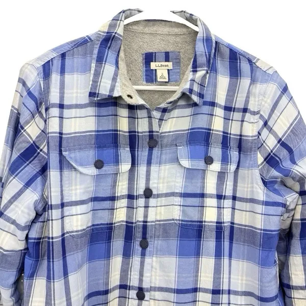 LL Bean Blue Plaid Fleece Lined Flannel Snap Shirt Jacket Shacket SMALL - Image 3