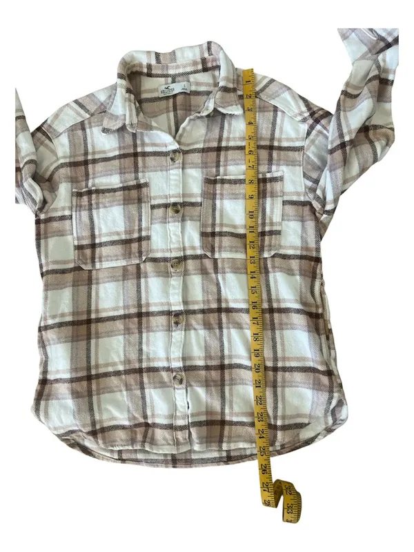 Hollister Plaid Button-Up Shirt in Cream & Brown Size S - Image 3