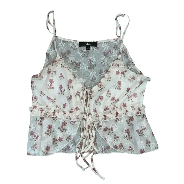 Lulus Women Camisole Top White Pink Floral Lace Ruffle Tie Front Coquette Large - Image 2