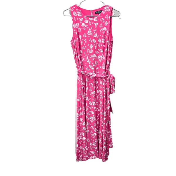 Ralph‎ Lauren Peach Floral Fit Flare Sleeveless Stretch Midi Dress Size 10 - Image 4