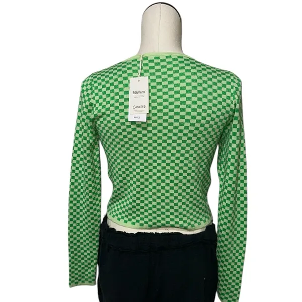 NWT MANGO Checks knitted sweater Green Shimmery Small y2k - Image 7