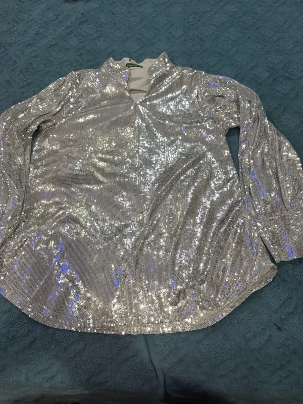 Josey Wynette Silver Sequin Long Sleeve V-Neck Blouse and Matching Jogger Set - Image 6