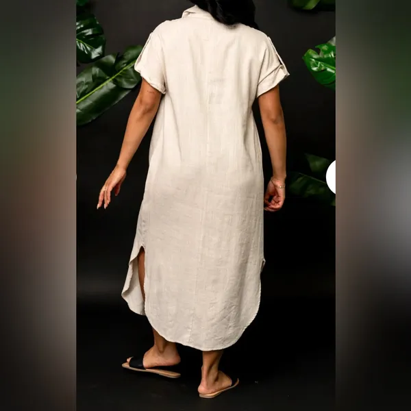 Tan Smocked Linen Blend Maxi Sundress - Image 2