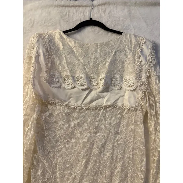 Vintage Ivory Floral Lace Mini Dress Oversized Sailor Collar Long Sleeve Cream - Image 3