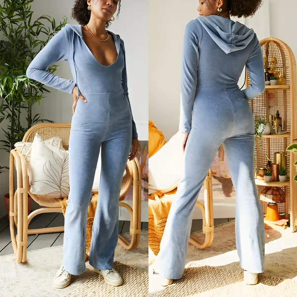 Iets Frans UO Womens Loungewear Kenny Plunge Neck Hooded Velour Jumpsuit XS Blue - Image 2