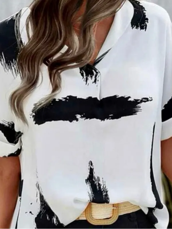SheIn Abstract Brushstroke White & Black V-Neck Blouse - Image 3
