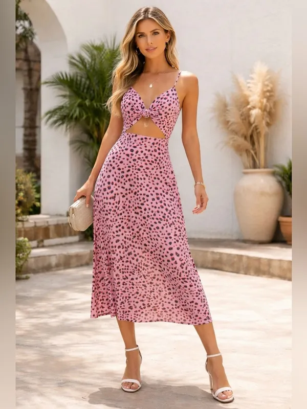 Vici Pink & Black Leopard Print Cutout Knot Maxi Dress Size L - Image 3