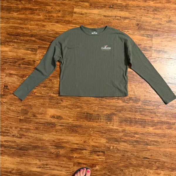 Hollister Olive Green Waffle Knit Crop Top Size Small Long Sleeve - Image 3