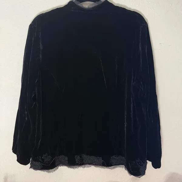 Chicos Black Silk Blend Velvet Beaded Lace Jacket Mandarin Collar Size 2‎ - Image 3