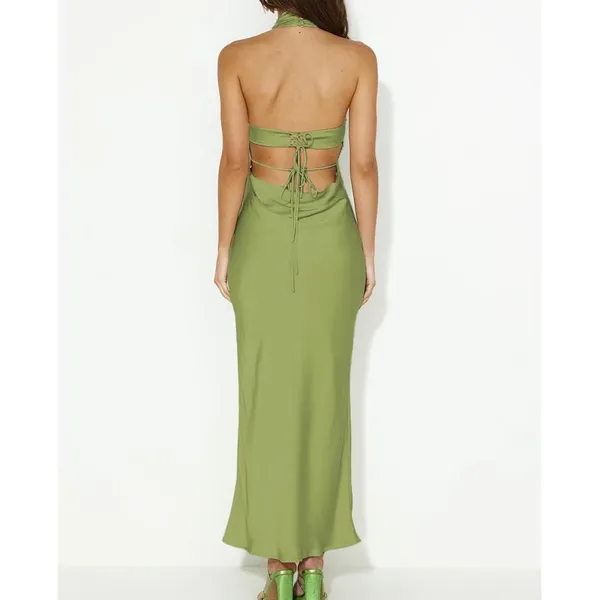 NWT Olive Green Satin Halter Neck‎ Backless Maxi Dress Formal Wedding - XL - Image 2