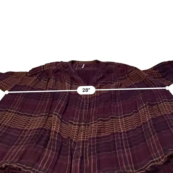 Free People Come On Over Tunic XS Purple Orange Plaid Raw Hem Gauze Boho‎ Top - Image 12