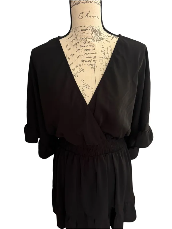 SHEIN Black V-Neck Smocked Waist Ruffle Hem Mini Dress - Image 3