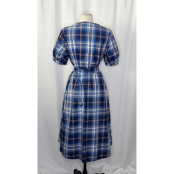 ZARA‎ Blue Plaid Taffeta Dress Belted Tie Waist Midi Buttondown Preppy Small - Image 10