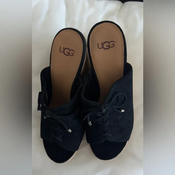 UGG Giorgia Black Suede Wedge Size 6.5 Espadrille Lace Up Detail - Image 13