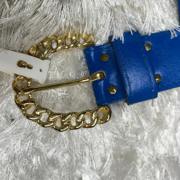 Royal Blue Leather Deadstock Wide Belt Gold "Chain" Buckle Sz XL - Image 4