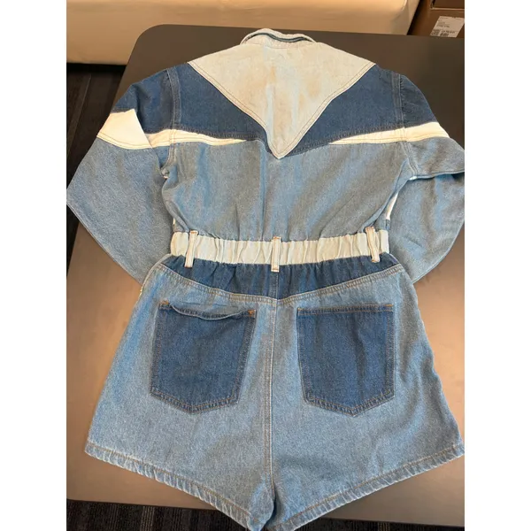 Signature 8 Women Multi Tone Denim Colorblock Romper Long Sleeve Blue Small NEW - Image 6