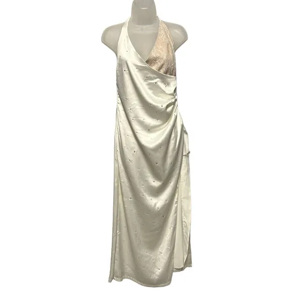 Women's Rhinestone Cream Lace Halter Maxi Dress Size Small - Image 2