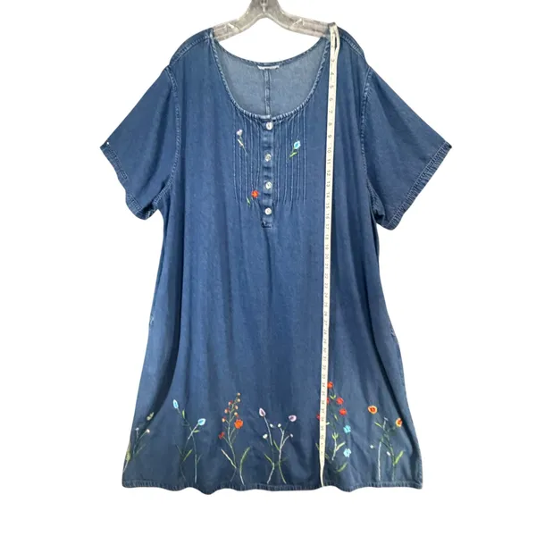 Vintage Embroidered Chambray Denim Dress Womens XXL Blue Floral Cottagecore Folk - Image 9