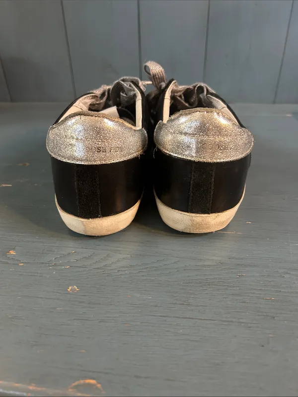 Golden Goose Black Leather Sneakers with Silver Glitter Panels | Size 37 US 7 - Image 2