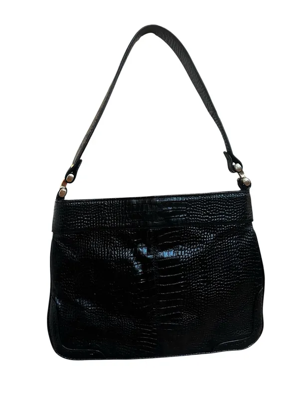Vintage Ann Taylor Black Croc Embossed Leather Shoulder Bag Brass Hardware 90s - Image 5
