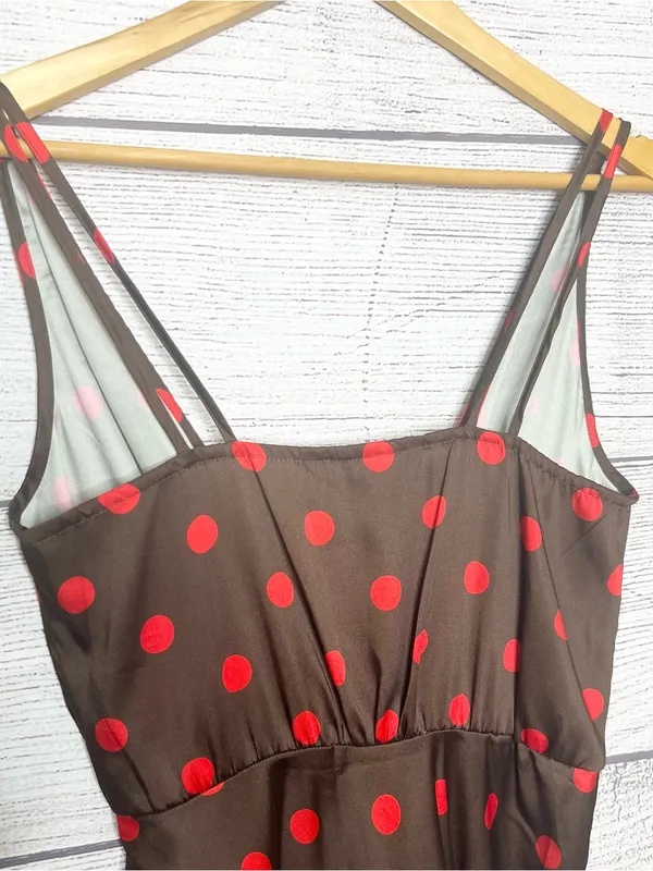 ZARA Brown & Red Polka Dot Sleeveless Midi Slinky Satin Slip Dress Size Small - Image 9