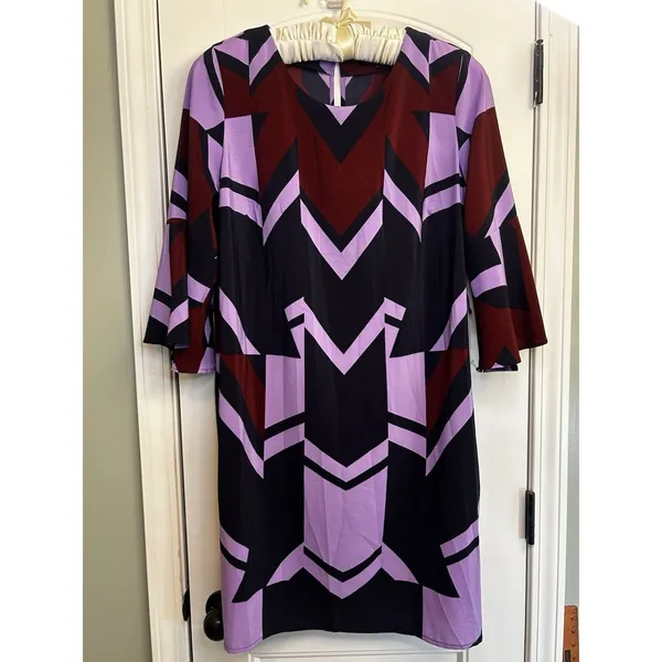 Eloquii Size 14 Geometric Shift Dress Purple Burgundy Black Beltless Midi Dress - Image 11